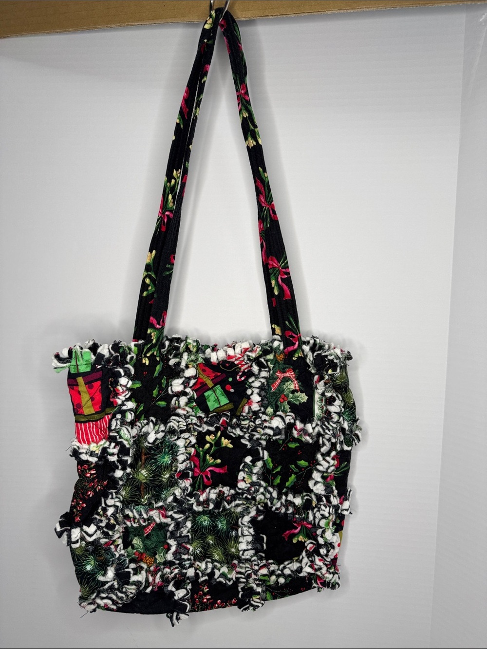 Festive Black Homemade Quilted Tote Bag with Holiday Print